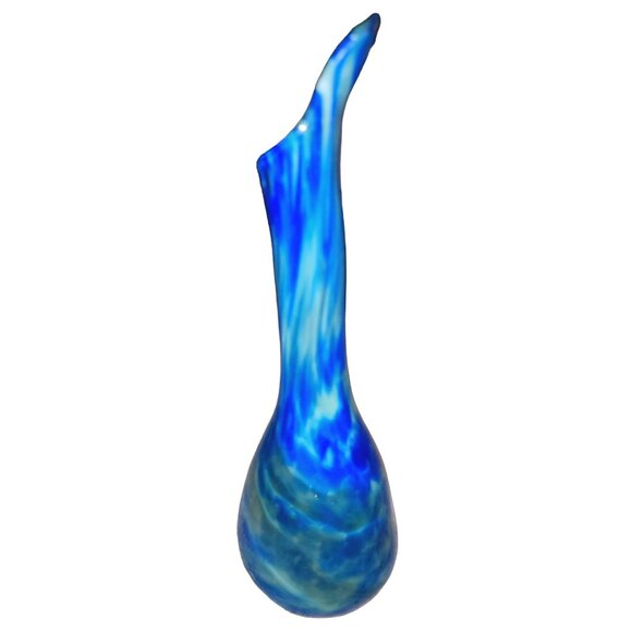 Hand Blown Blue & White Swirl Art Glass Vase With Abstract Fluted Rim 10 Inches - Picture 2 of 14